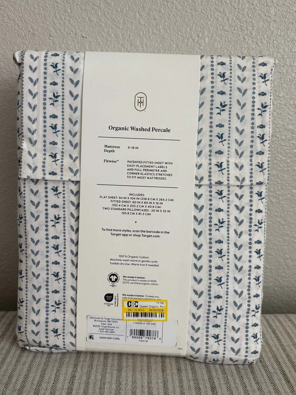 NWT Queen Organic Percale Printed Sheet Set Ivory Floral Stripe - Threshold